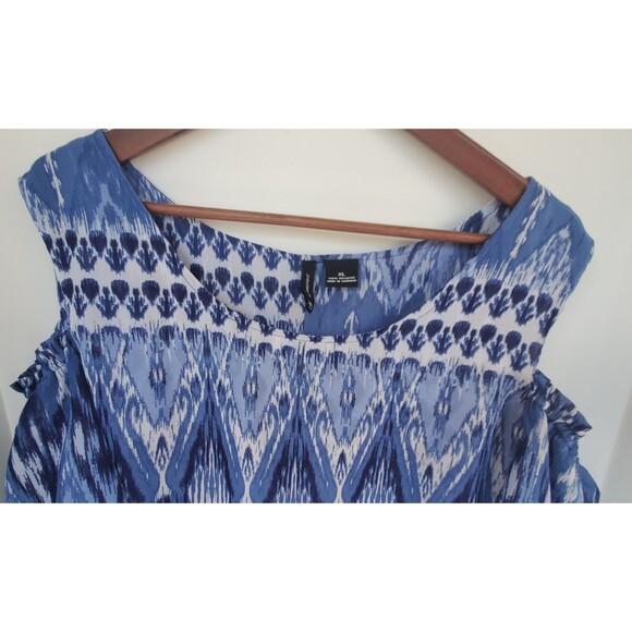 New Directions Women’s Shirt XL Blue White Cold Shoulder Blouse Top Boho Dressy - Picture 6 of 11